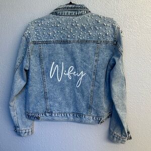 Wifey denim jacket pearl details